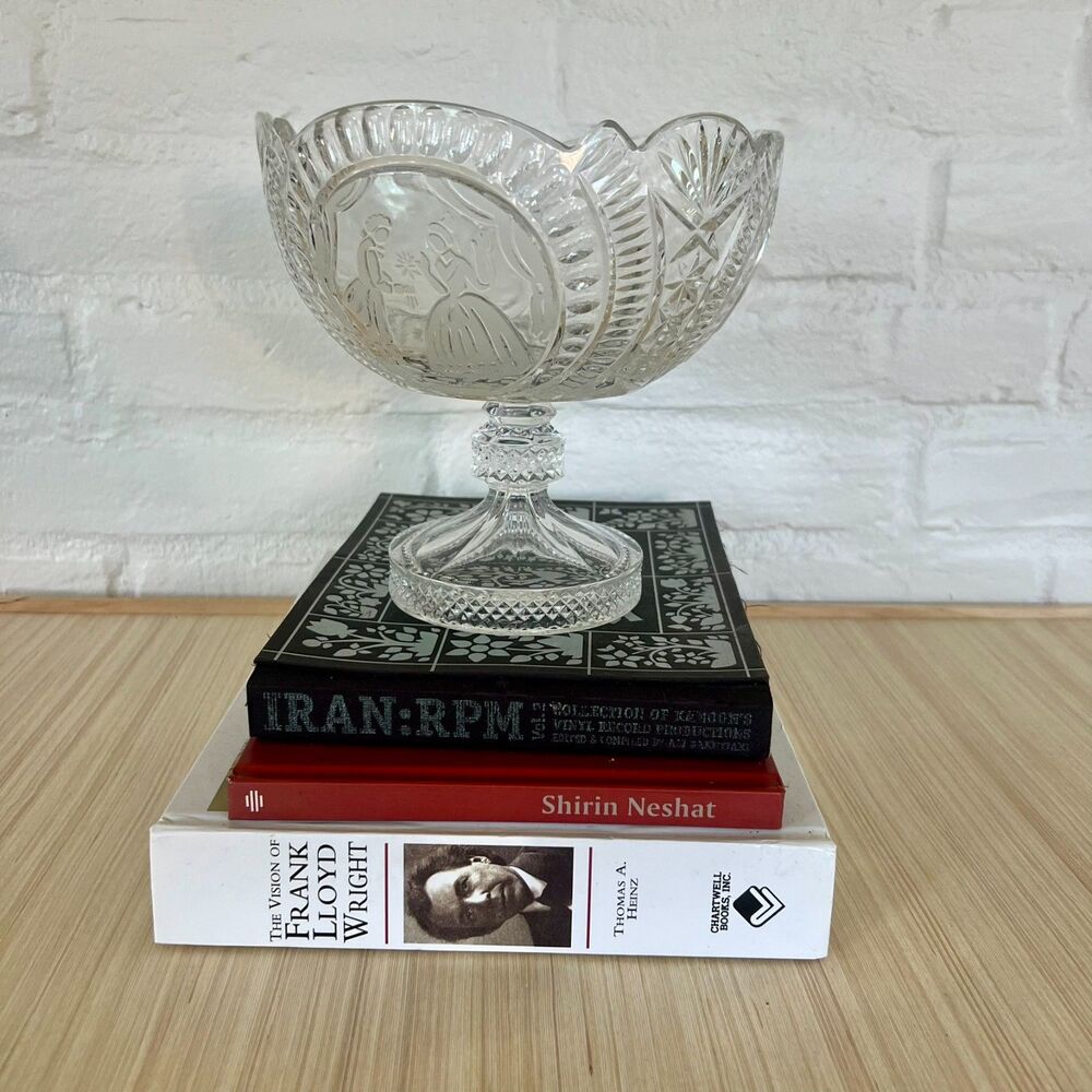 Vintage Crystal Pedestal Bowl, Early 20th Century "Couple With Flowers"